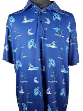 Scales Men's Hawaiian Sailboat Print Short Sleeve Poly Blend Golf Polo Size L